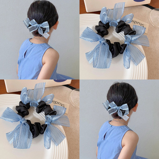 儿童蓝色公主网纱蝴蝶结大肠发圈2025新款女童丸子头发绳皮筋发饰