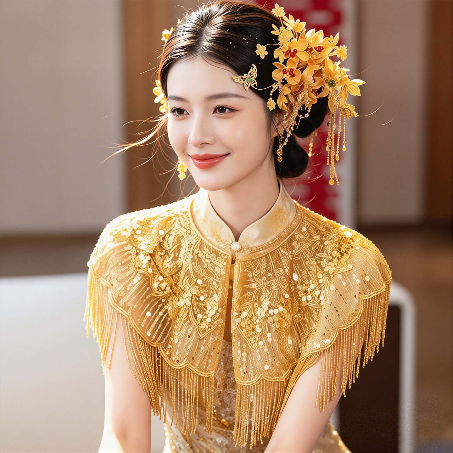新中式金色云肩女婚礼奢华亮片流苏披肩新娘旗袍结婚敬酒礼服配饰