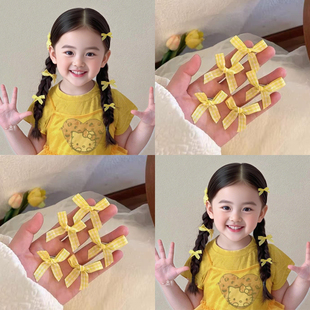森系黄色儿童格子蝴蝶结小号发夹夏季女孩芭蕾风侧边发卡公主头饰