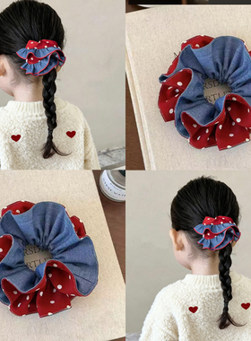 儿童复古红色波点牛仔大肠发圈新款女童扎马尾头绳皮筋新年发饰品