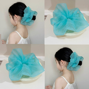 韩系儿童湖蓝色欧根纱大肠发圈女童丸子头发绳宝宝网纱头花发饰品