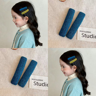 韩系儿童蓝色毛呢发夹bb夹秋冬新款女童刘海夹子宝宝碎发夹发饰品