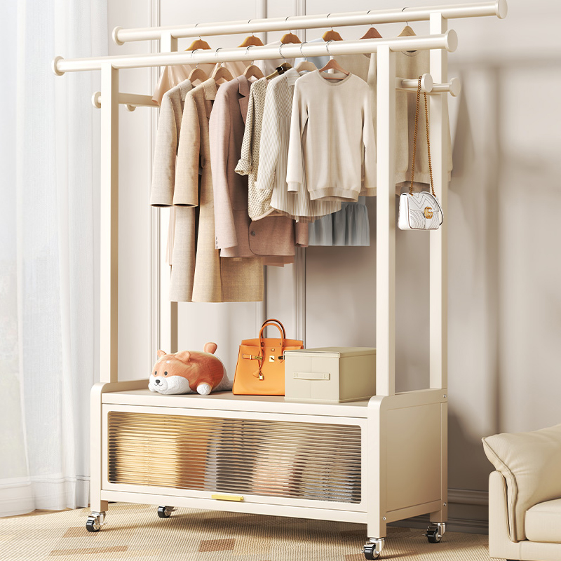 衣架落地衣帽架双杆挂衣架卧室客厅移动晾衣服收纳架子带储物柜