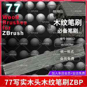 ZBrush木头木块木纹Alpha笔刷zb木板木纹细节雕刻zb木头木屋笔刷