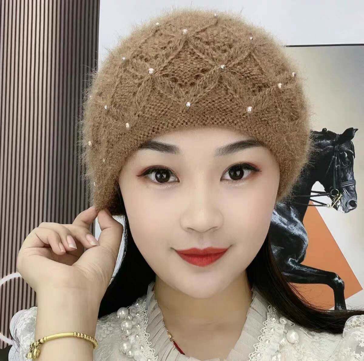 手工双层保暖针织帽时尚珍珠头套护耳包头帽堆堆帽妈妈冬季帽子女