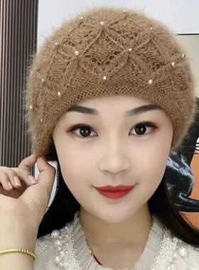 手工双层保暖针织帽时尚珍珠头套护耳包头帽堆堆帽妈妈冬季帽子女