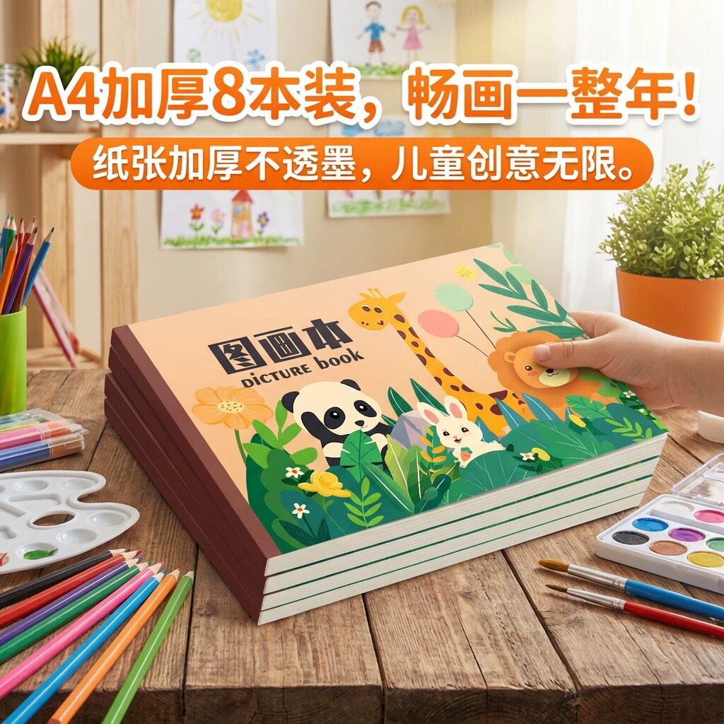 2026新款加厚牛皮图画本涂鸦本空白微黄纸张儿童小学生本色画本
