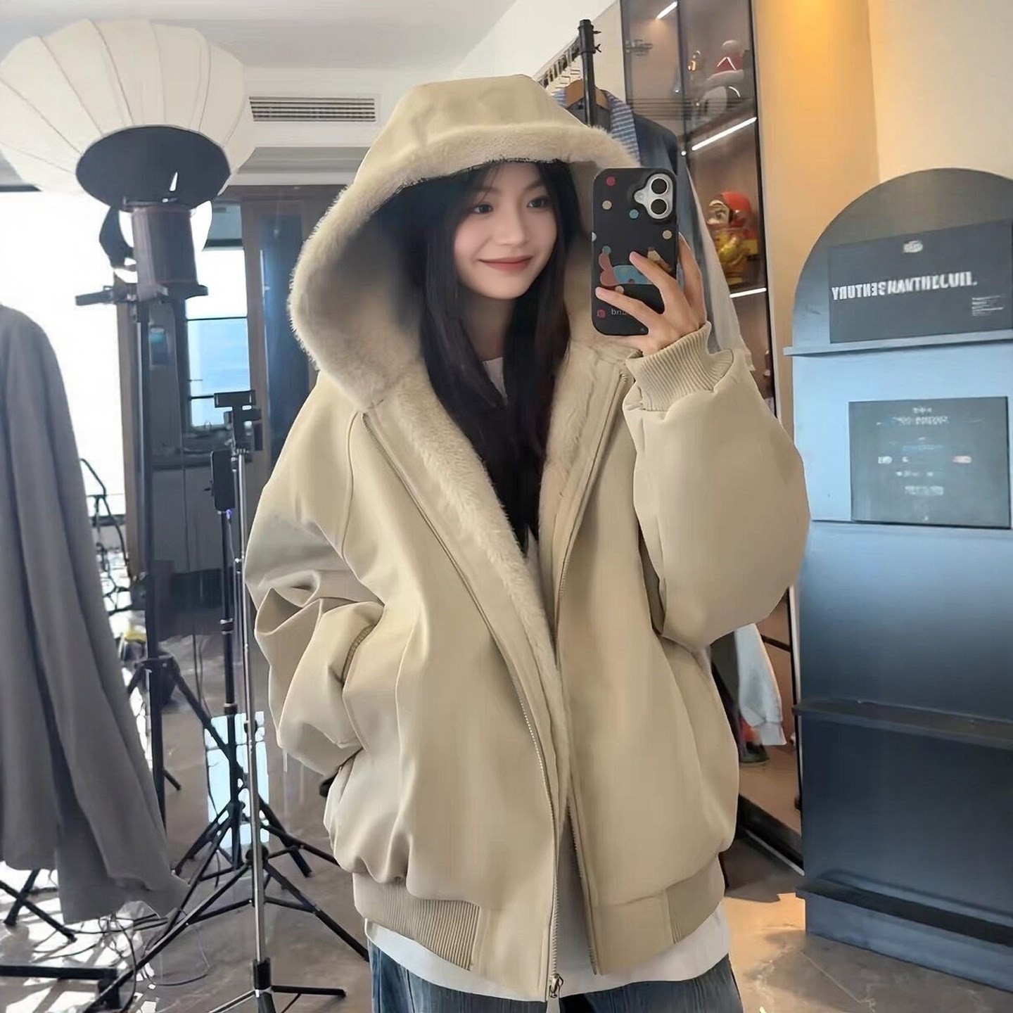 美式连帽座山雕皮衣棉服