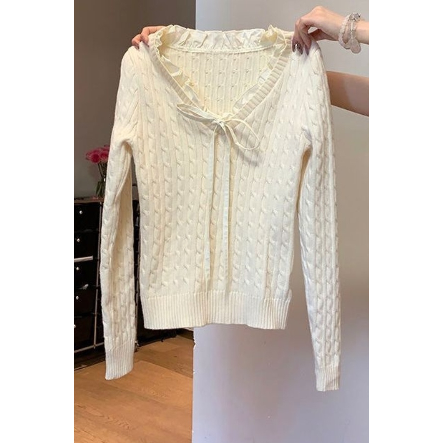 法式百搭蝴蝶结系带v领针织毛衣女春秋款纯欲修身打底衫长袖上衣