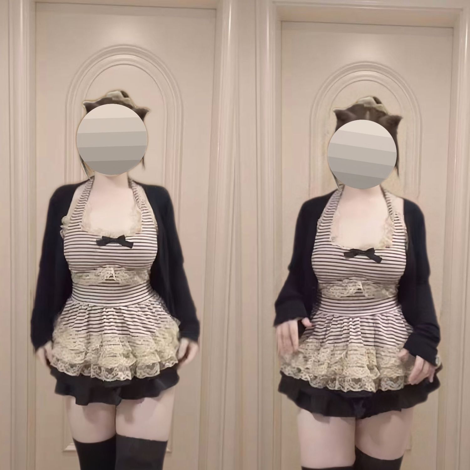 三件套装女纯欲风显瘦蕾丝条纹挂脖绑带上衣+开衫+半身裙套装大码