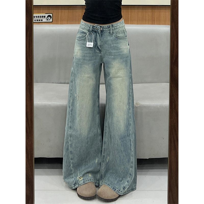 高街磨白设计破洞阔腿高腰牛仔裤女夏季新款慵懒宽松显瘦直筒长裤