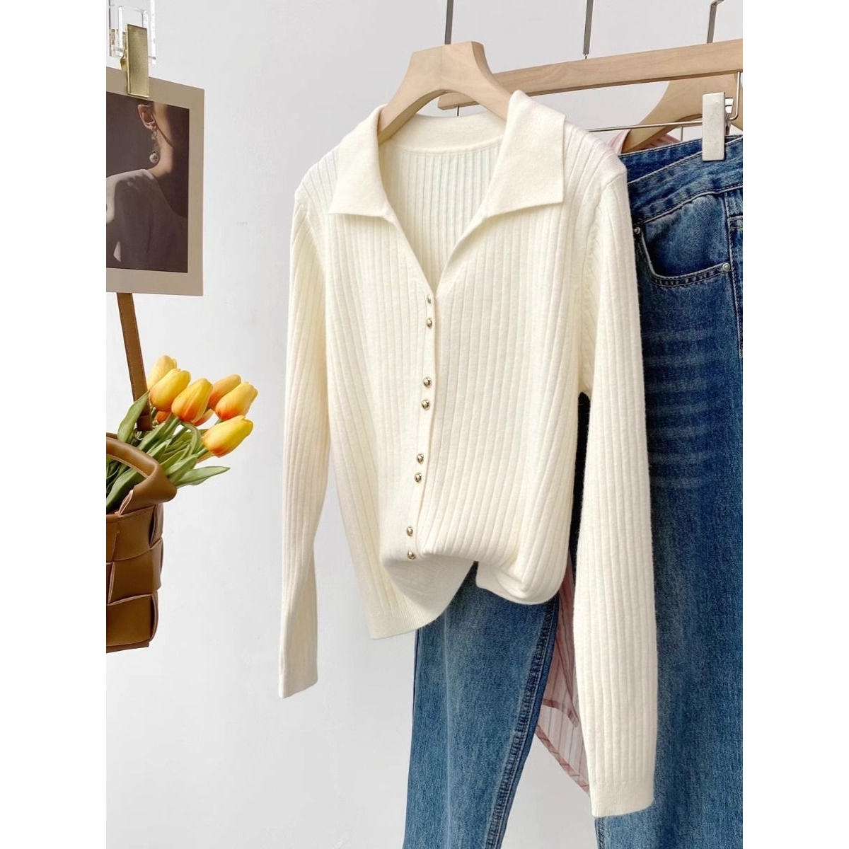 外套女春秋款Polo领长袖开衫外搭小香风针织上衣高级感红色毛衣女