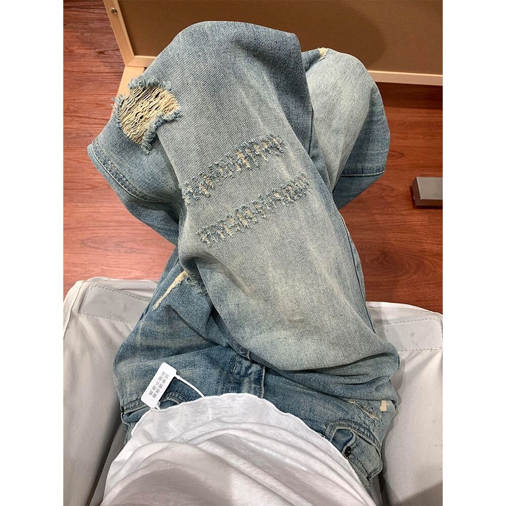 夏季美式复古设计破洞磨破牛仔裤女宽松高腰垂感显瘦阔腿拖地裤