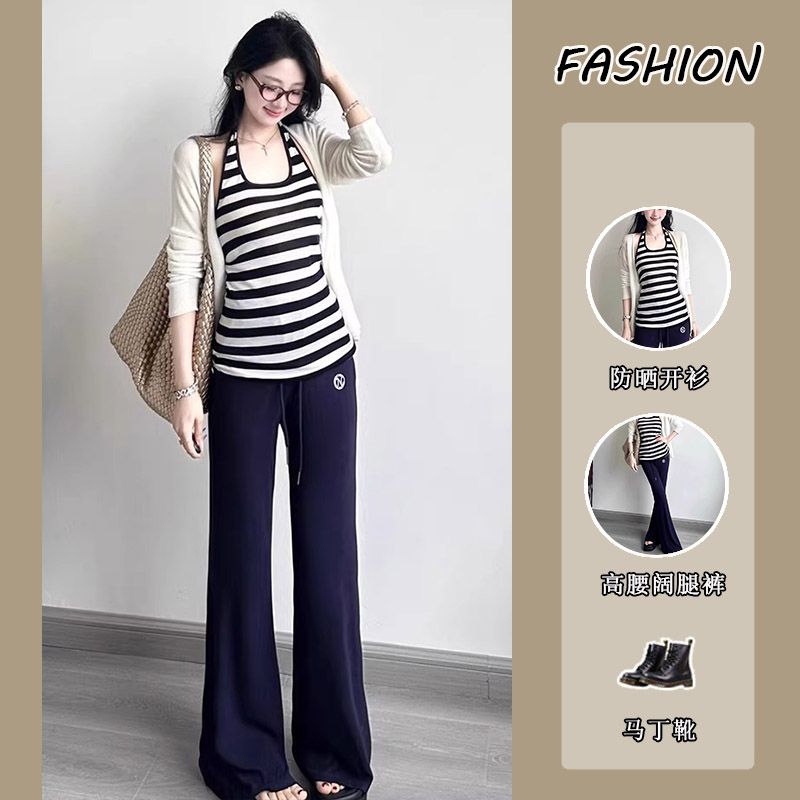 套装女2025夏季韩系辣妹长袖防晒开衫条纹挂脖背心休闲裤三件套潮