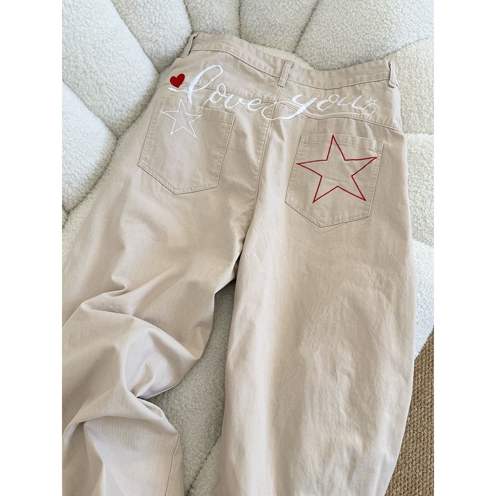 大码高个子美式星星字母刺绣阔腿牛仔裤女秋季高街显瘦直筒拖地裤