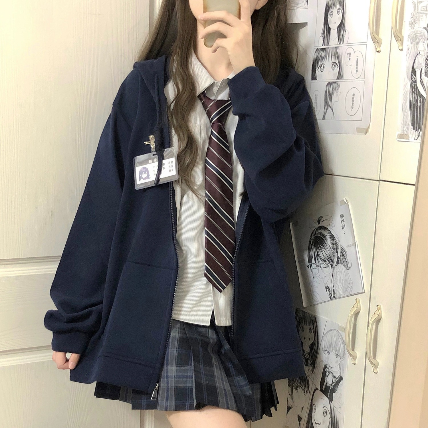 藏青宽松连帽卫衣女学生秋冬显瘦百搭酒红加绒拉链开衫jk外套上衣