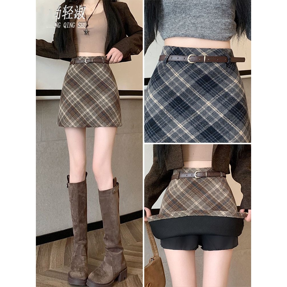 毛呢格子半身裙女秋冬款2024新款复古高腰包臀裙防走光a字短裙子