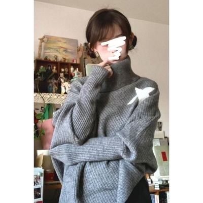 灰色高领斗篷上衣女早秋季新款设计感慵懒风不规则星星毛衣针织衫
