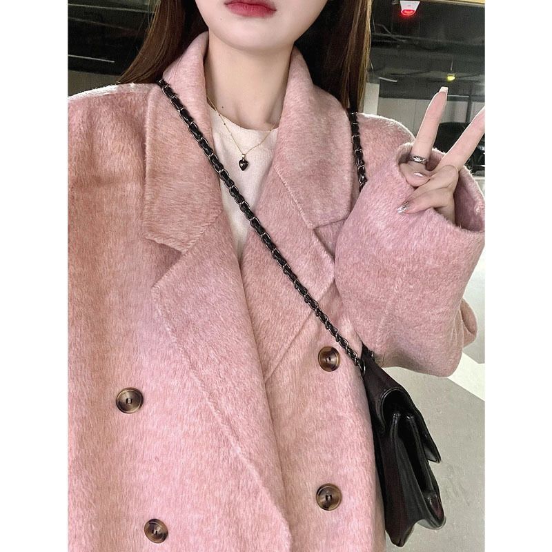 粉色毛呢大衣女中长款秋冬季2025新款高级感呢子外套小个子赫本风
