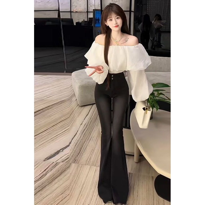 网红同款春季新款甜美蓬蓬一字领灯笼袖上衣高腰修身微喇叭裤套装