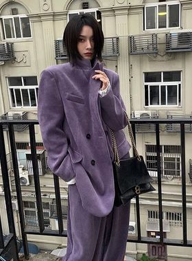美拉德韩系御姐潮酷网红时尚洋气高级感紫色灯芯绒阔腿裤套装女