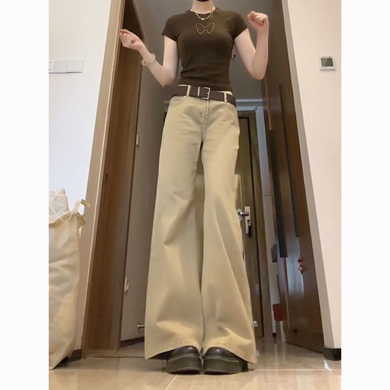 小个子145美式微喇牛仔裤女春秋季低腰宽松卡其色显瘦马蹄拖地裤