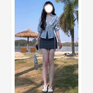 Polo领衬衣 纯欲风辣妹掐腰衬衫 套装 女春季 高腰显瘦包臀半身裙韩版