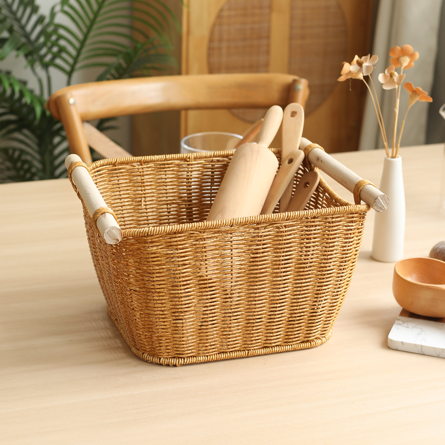 INS风仿藤编木柄收纳篮