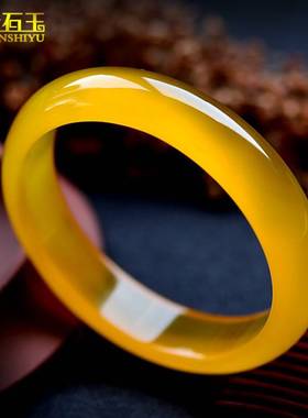 巴西冰种黄玉髓手镯圆条玛瑙起荧光玉镯玉石玉器女款镯子直播货源