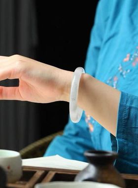 水墨丹青玉手镯冰灰色女士玉石镯子阿富汗汉白玉手镯礼品