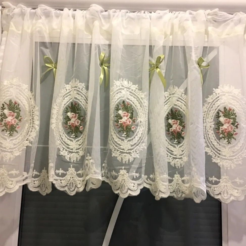 蝴蝶结蕾丝玫瑰绣花白色飘窗短纱帘厨房田园隔断魔术贴柜门帘宿舍