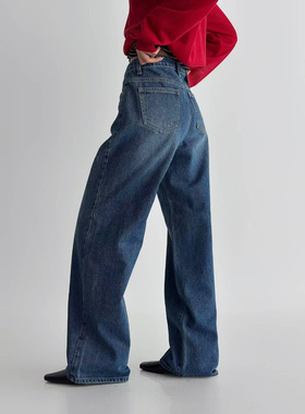 OH YEAH韩国代购正品2025秋冬新款百搭显瘦深蓝直筒牛仔裤女