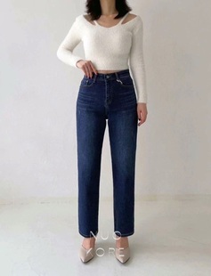 现货~VANILLA J韩国正品小众设计师品牌新款松紧腰薄绒直筒牛仔裤