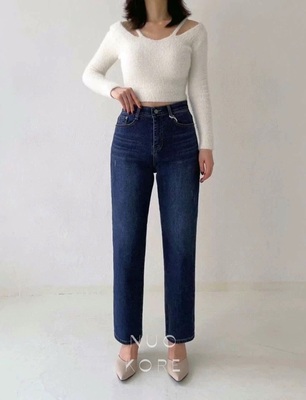 现货~VANILLA J韩国正品小众设计师品牌新款松紧腰薄绒直筒牛仔裤