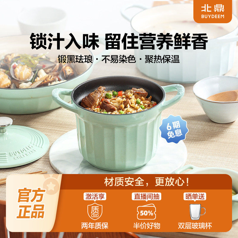 北鼎铸铁饭釜珐琅锅焖煮锅家用炖锅煲仔饭砂锅煲汤油炸锅16cm