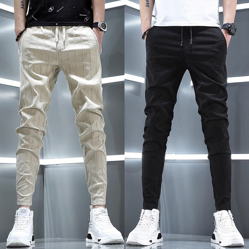 韩版潮流修身小脚裤子男款痞帅弹力束脚休闲裤2023新款百搭条纹裤