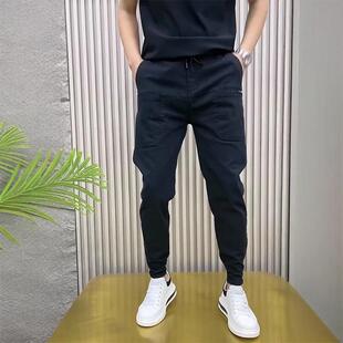 秋夏季多口袋小脚工装裤男痞帅修身弹力纯色束脚运动哈伦休闲裤子