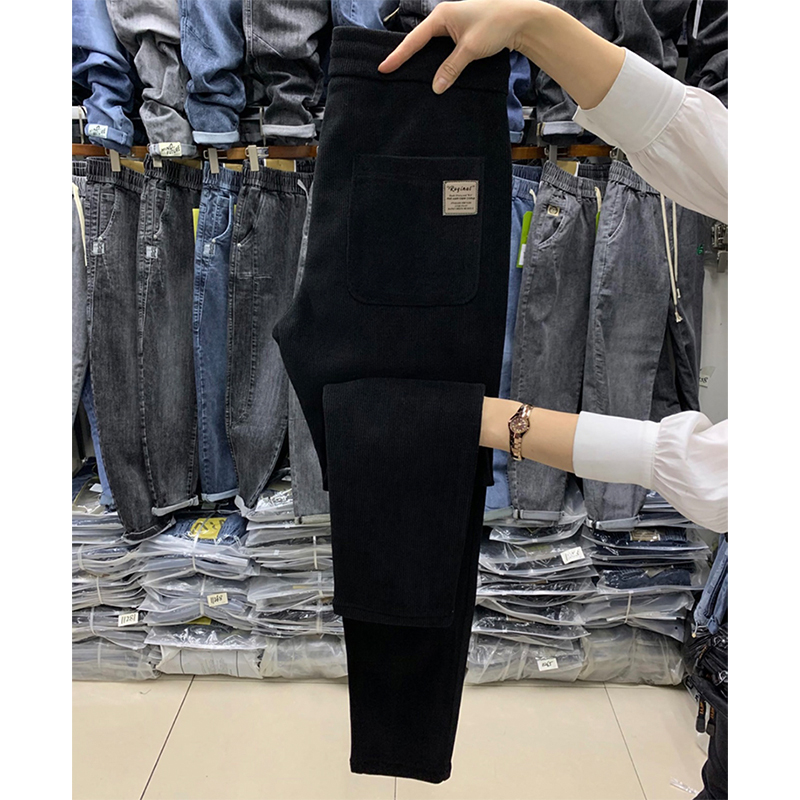 加厚秋冬季黑色修身休闲裤子男士灯芯绒裤2023新款百搭韩版小脚裤