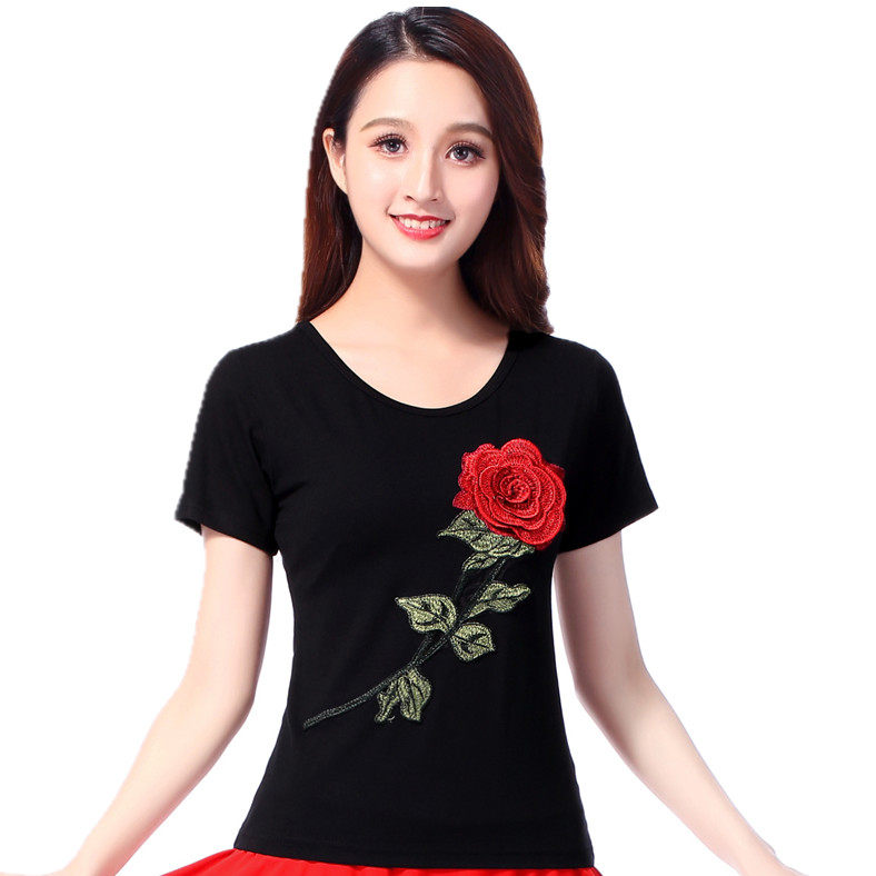短袖新款优尚服装夏季广场舞绣花玫瑰上衣舞蹈服中老年演出服跳舞
