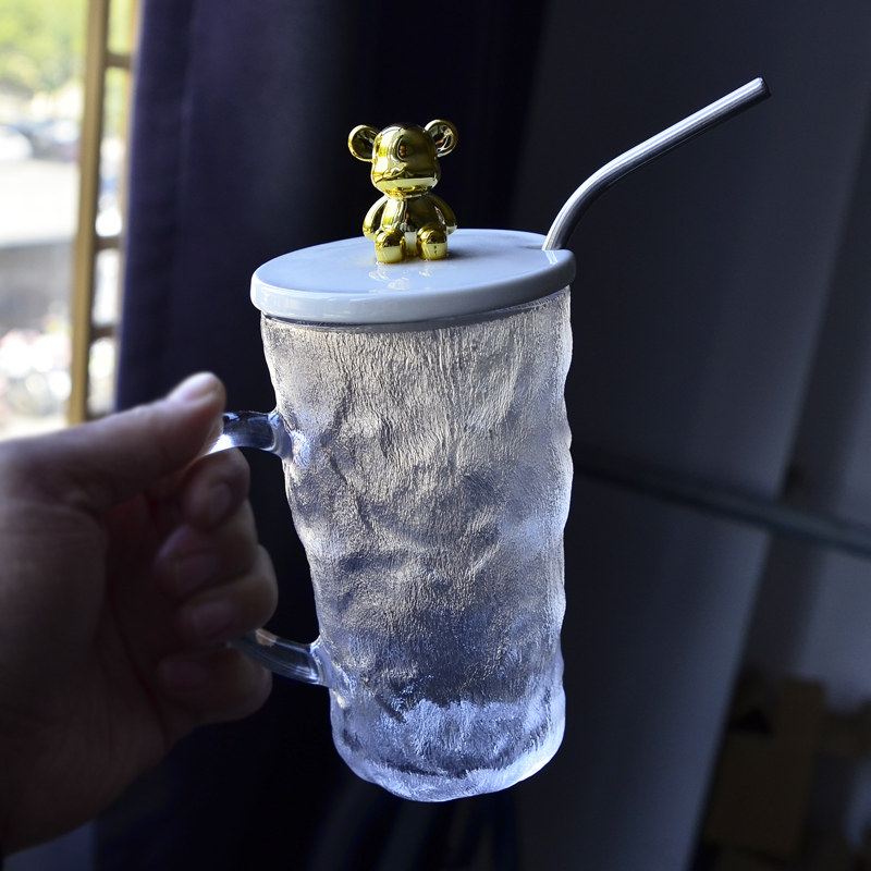 冰川纹玻璃水杯子带盖可爱小熊女生家用ins高颜值啤酒吸管杯茶杯