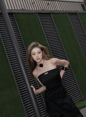 F1os 冷艳拽酷 美式辣妹套装黑色抹胸吊带背心高腰设计工装阔腿裤