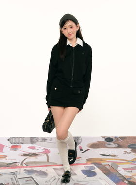 F1os原创设计秋款气质套装女假衬衫领黑色卫衣气质裙裤两件套套装