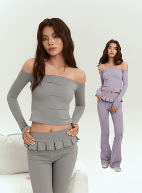 F1os2025原创设计春季新款瑜伽服女运动一字肩花边瑜伽套装两件套