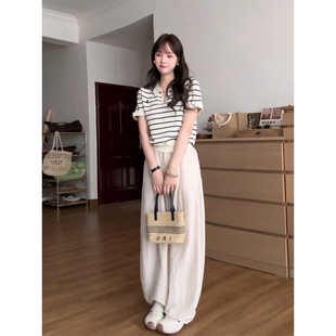 百搭短袖 韩版 薄款 简约撞色条纹POLO领正肩T恤女2025夏季 上衣 新款