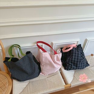 2023春夏新款格子布包单肩布袋条纹女包包百搭黑白手提袋双层包袋