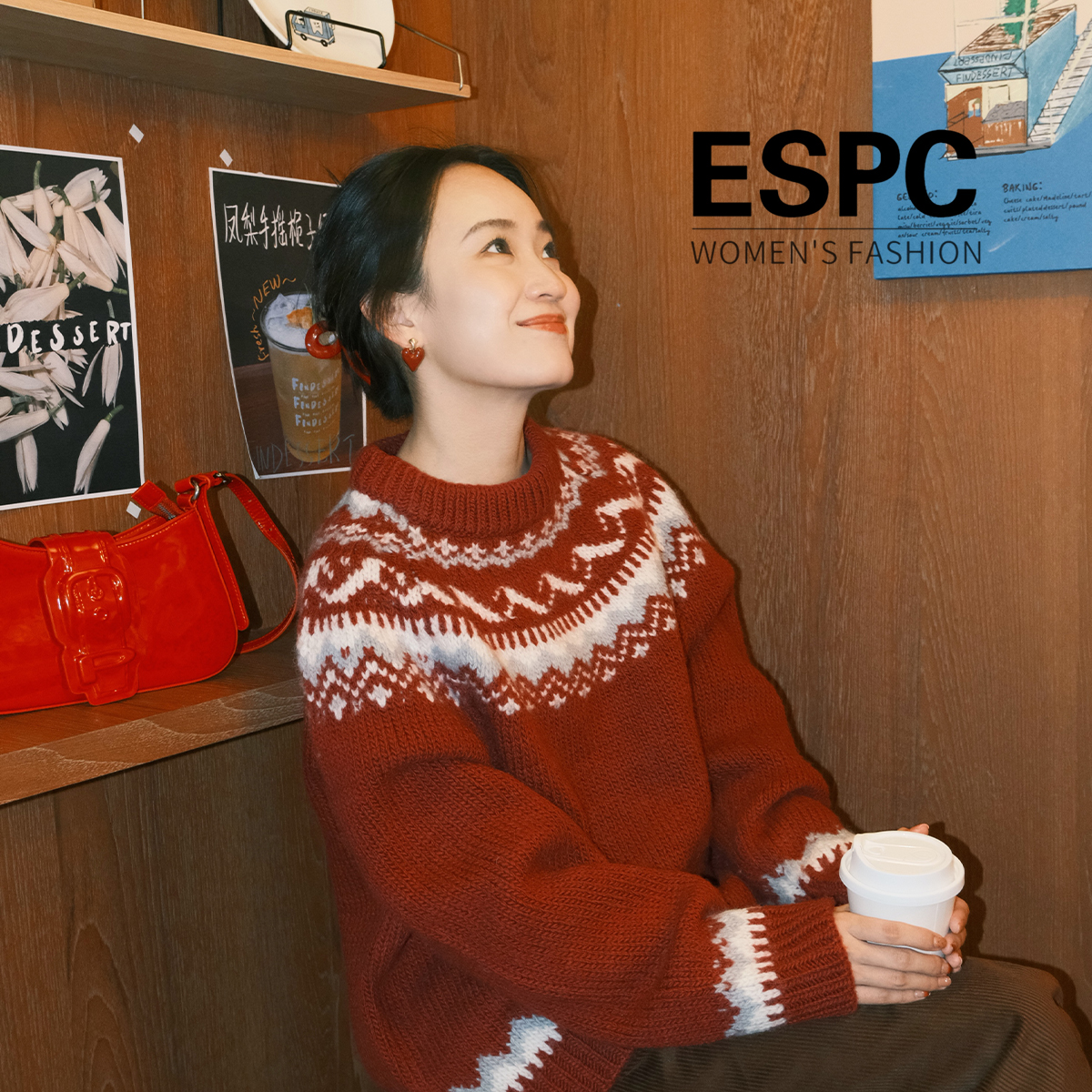ESPC 新款多色复古提花羊毛针织衫女宽松圆领套头毛衣