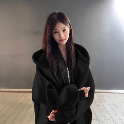 连帽卫衣外套女黑色2025新款秋冬季宽松拉链美式加绒加厚开衫上衣