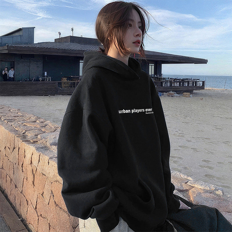 黑色连帽加绒卫衣女2025新款秋冬季百搭宽松加厚外套春秋薄款上衣