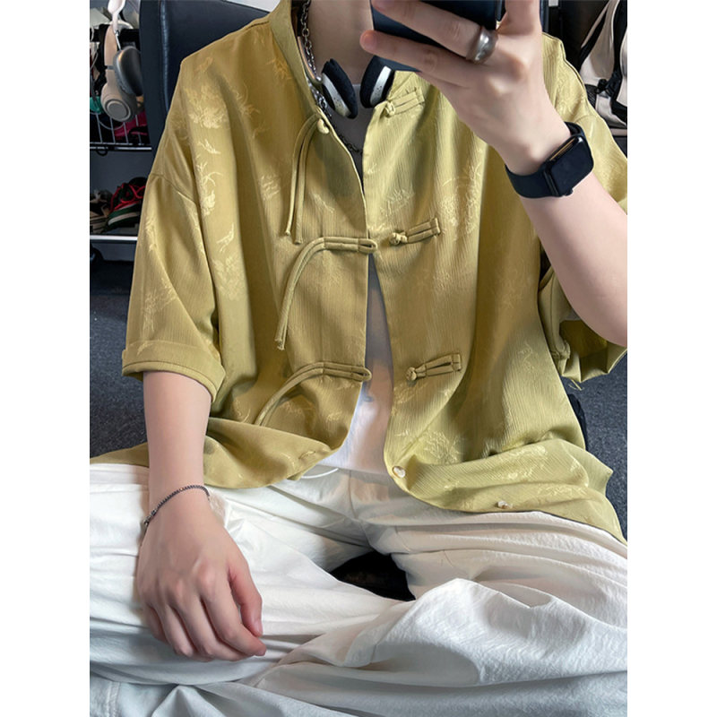 新中式长尾盘扣半袖衬衫男夏