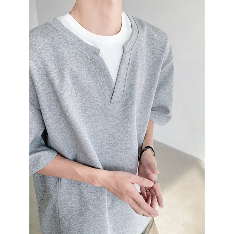 假两件撞色v领t恤短袖男